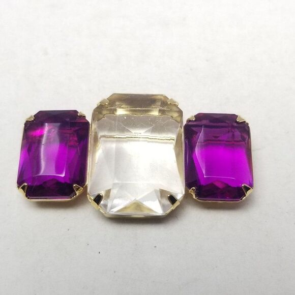 Vintage Purple and Clear Rectangle Rhinestone Brooch, Jewel Tone, Estate - Picture 1 of 5